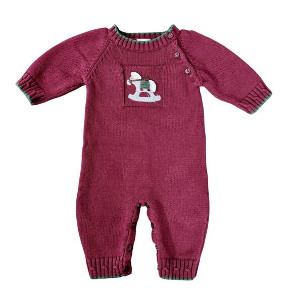 Gymboree Vintage Rocker Horse Sweater Romper One Piece Holiday Maroon Baby 3-6m - Picture 1 of 7